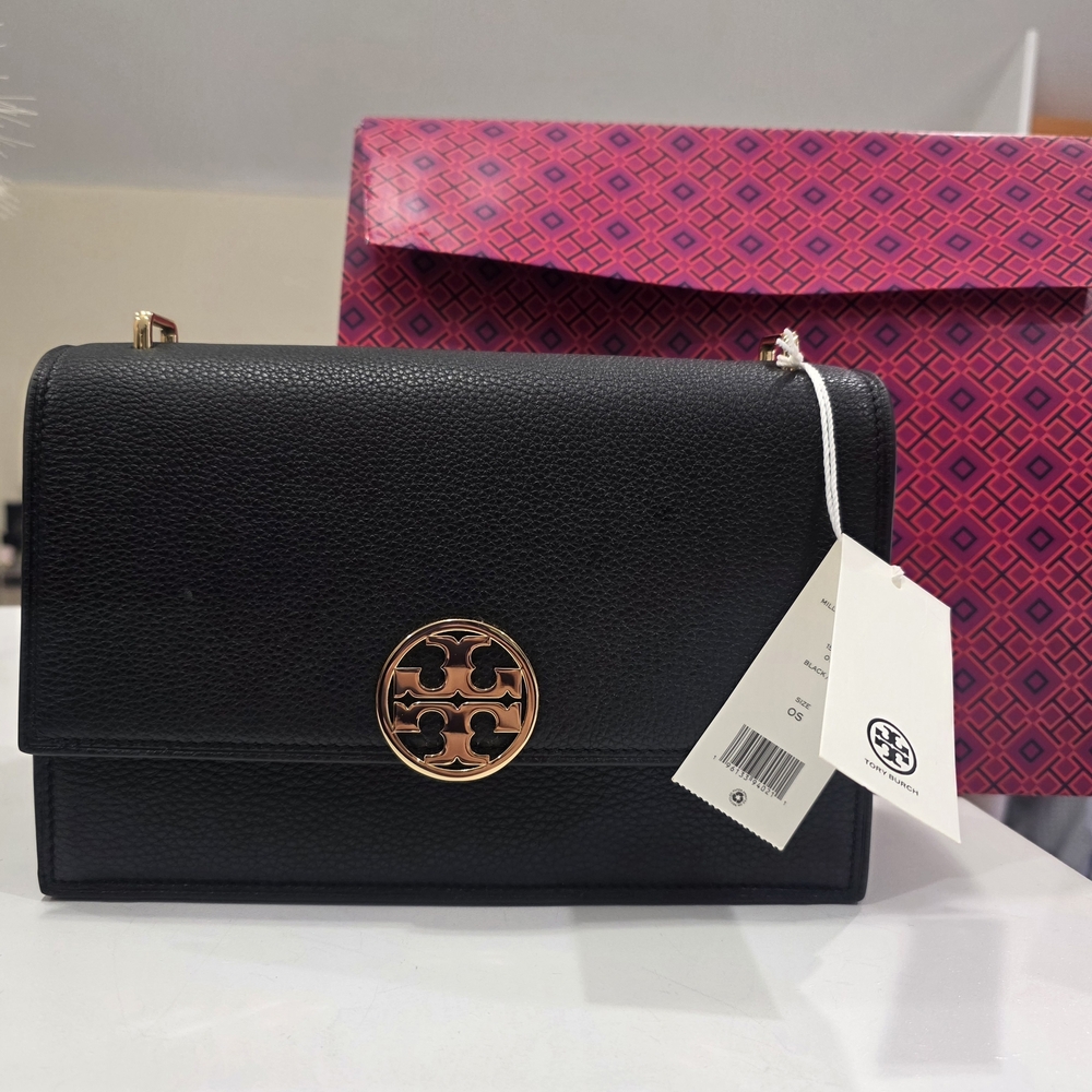 Tory Burch Black Pebbled Leather Shoulder Bag with Gold Logo